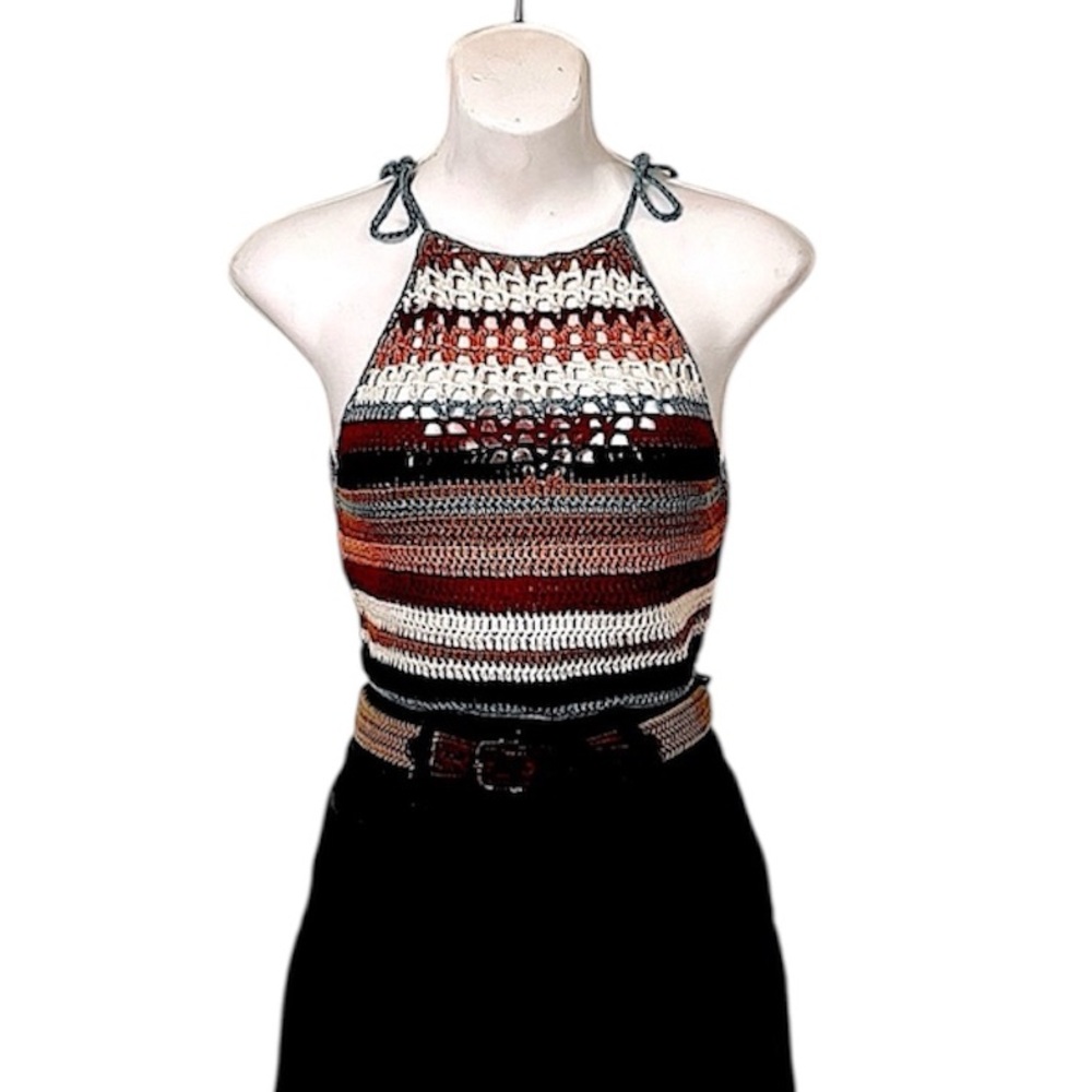 Striped Multi Color Crochet Festival Macrame Knit Womens Halter Top M
